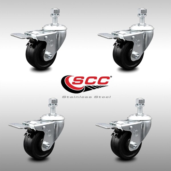 3 Inch SS Soft Rubber Swivel 10mm Threaded Stem Caster Set Total Lock Brake